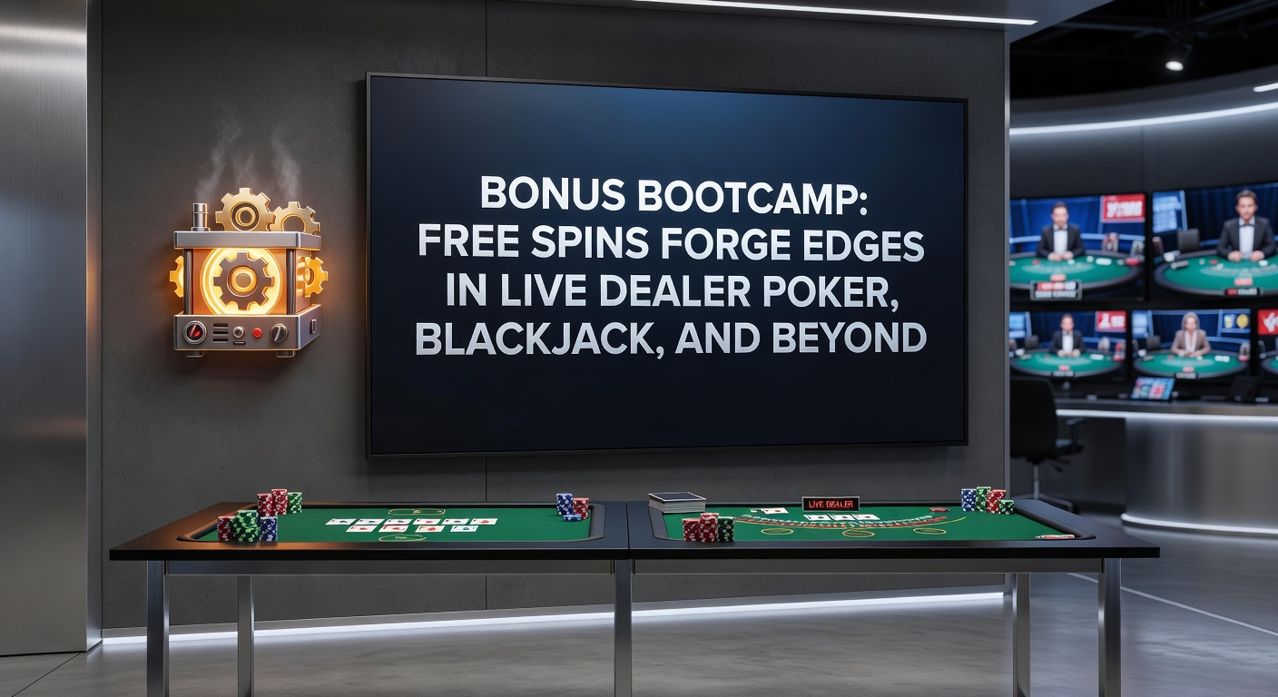 Vibrant casino scene showing slot machines with free spins bonuses transitioning to live dealer tables for poker and blackjack