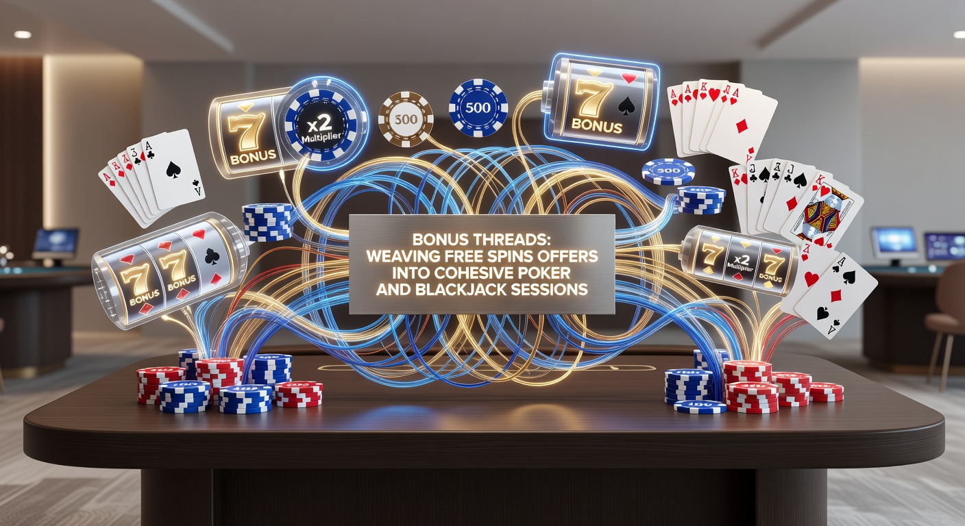 Dynamic illustration showing free spins from slots flowing into poker chips and blackjack cards on a casino table, symbolizing seamless bonus integration