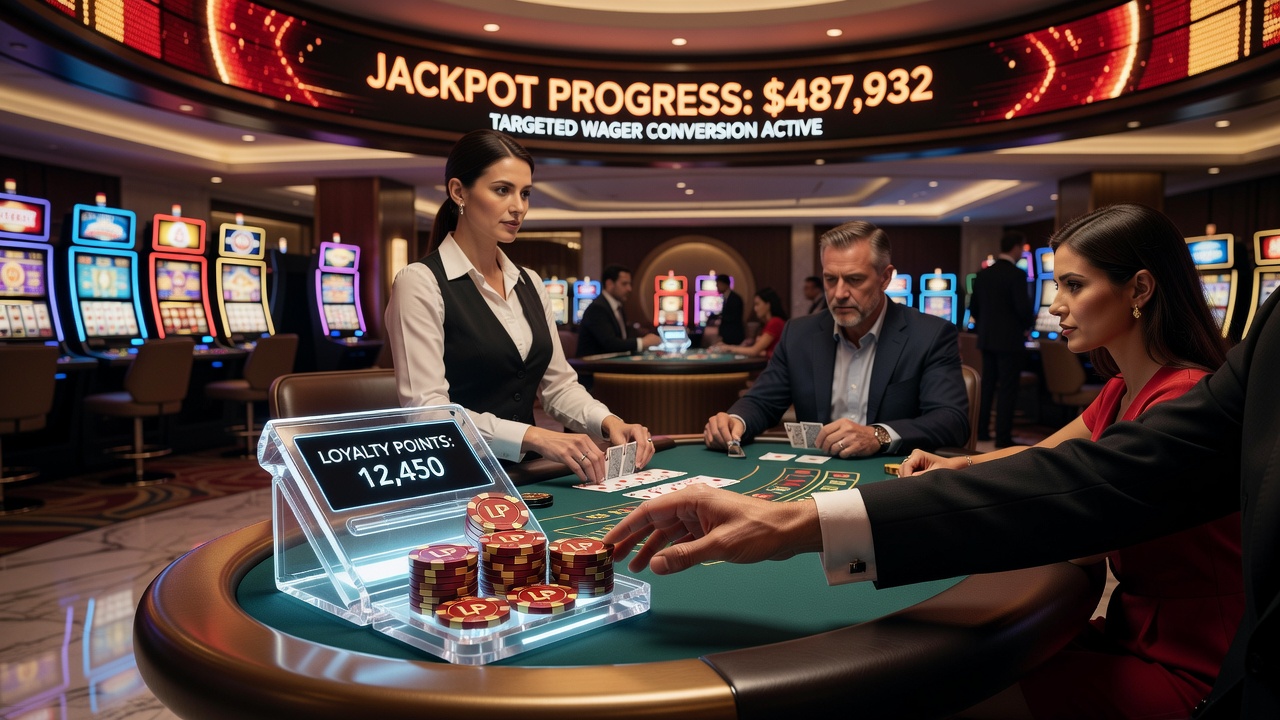 Players redeeming loyalty points at a live casino table and on a jackpot slot machine