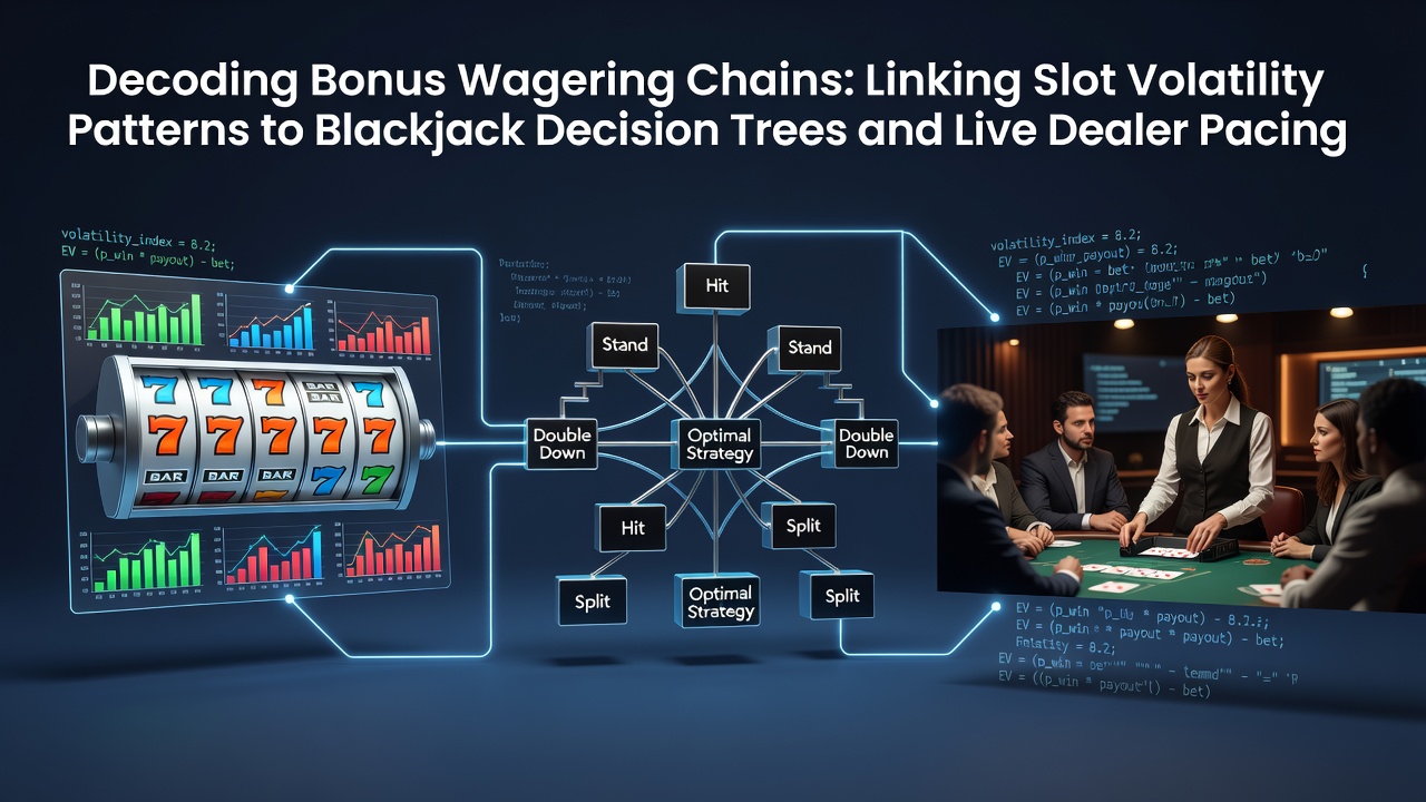 Diagram showing connections between slot volatility metrics, blackjack decision paths, and live dealer game pacing in bonus wagering environments