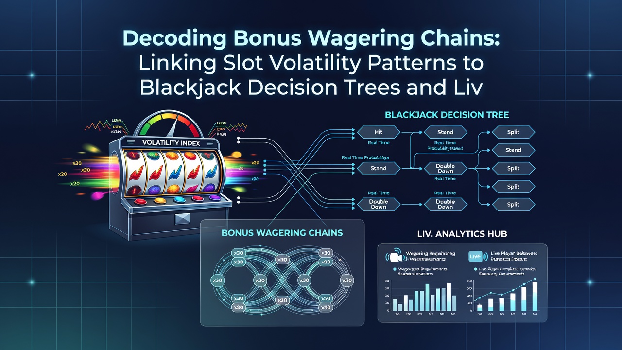 Illustration of a live dealer blackjack table with overlaid decision tree branches and timing indicators for pacing control during bonus playthroughs