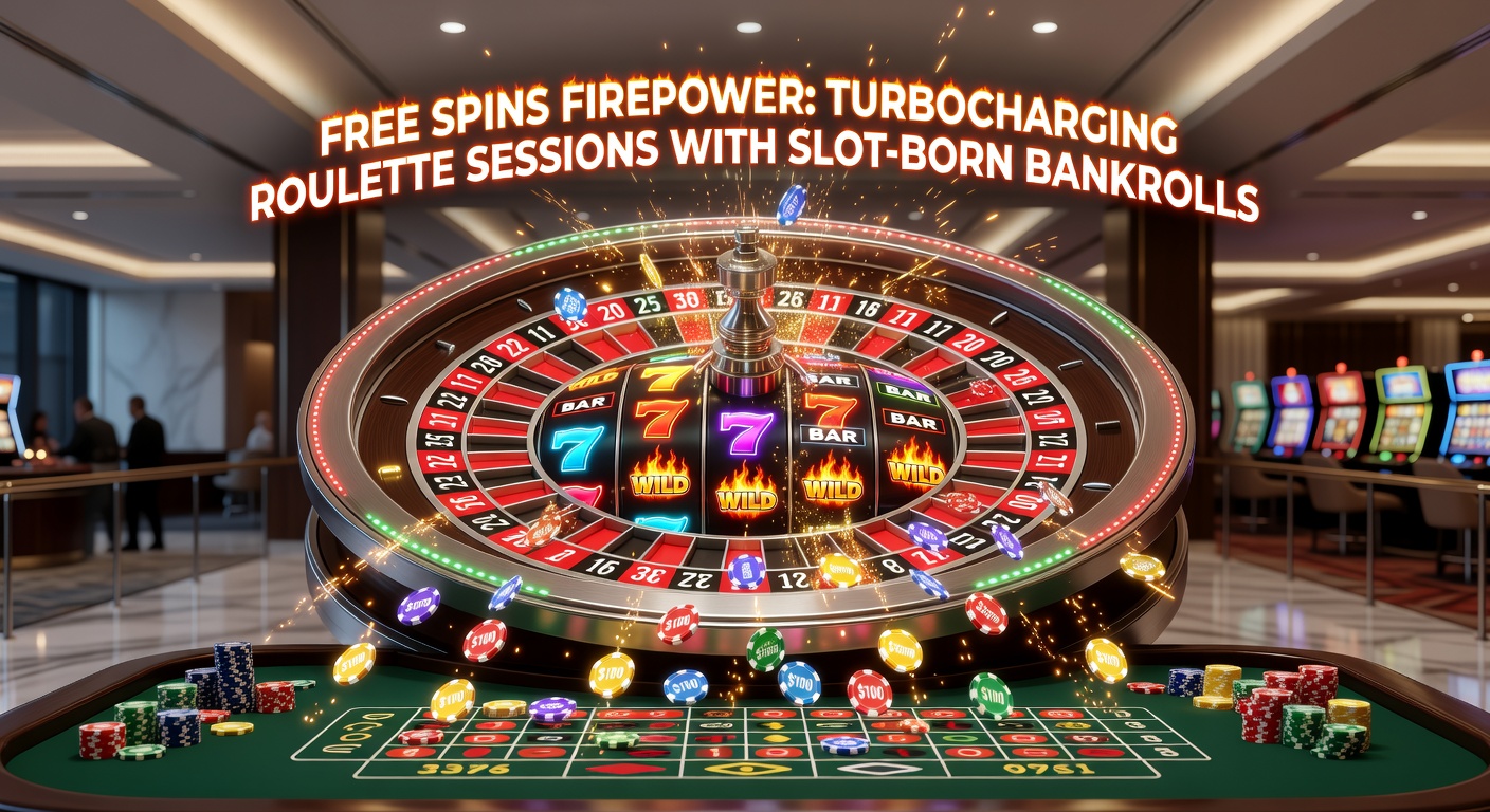 Roulette table alive with chips stacked high from slot winnings, free spin icons overlayed on the betting layout