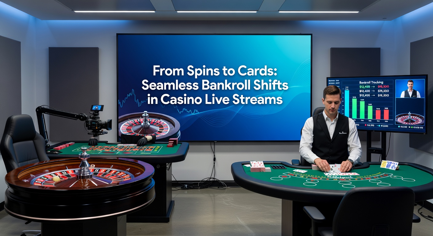 Close-up of a live dealer dealing cards in a stream, with overlaid graphics showing bankroll transfer from slots