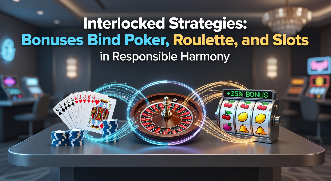 Vibrant casino scene showing poker chips, a spinning roulette wheel, and glowing slot reels intertwined with bonus icons, symbolizing strategic harmony