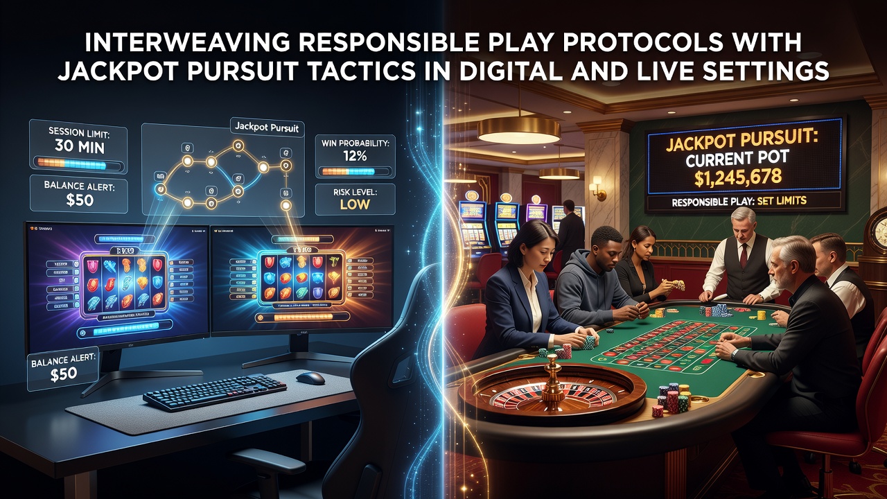 Split view showing mobile screen with jackpot interface and responsible play pop-up next to a live casino roulette table with limit signage