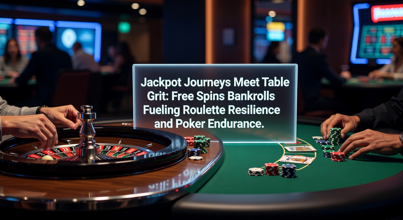 Vibrant casino scene showing slot machines transitioning to roulette and poker tables with glowing free spins symbols and stacked chips