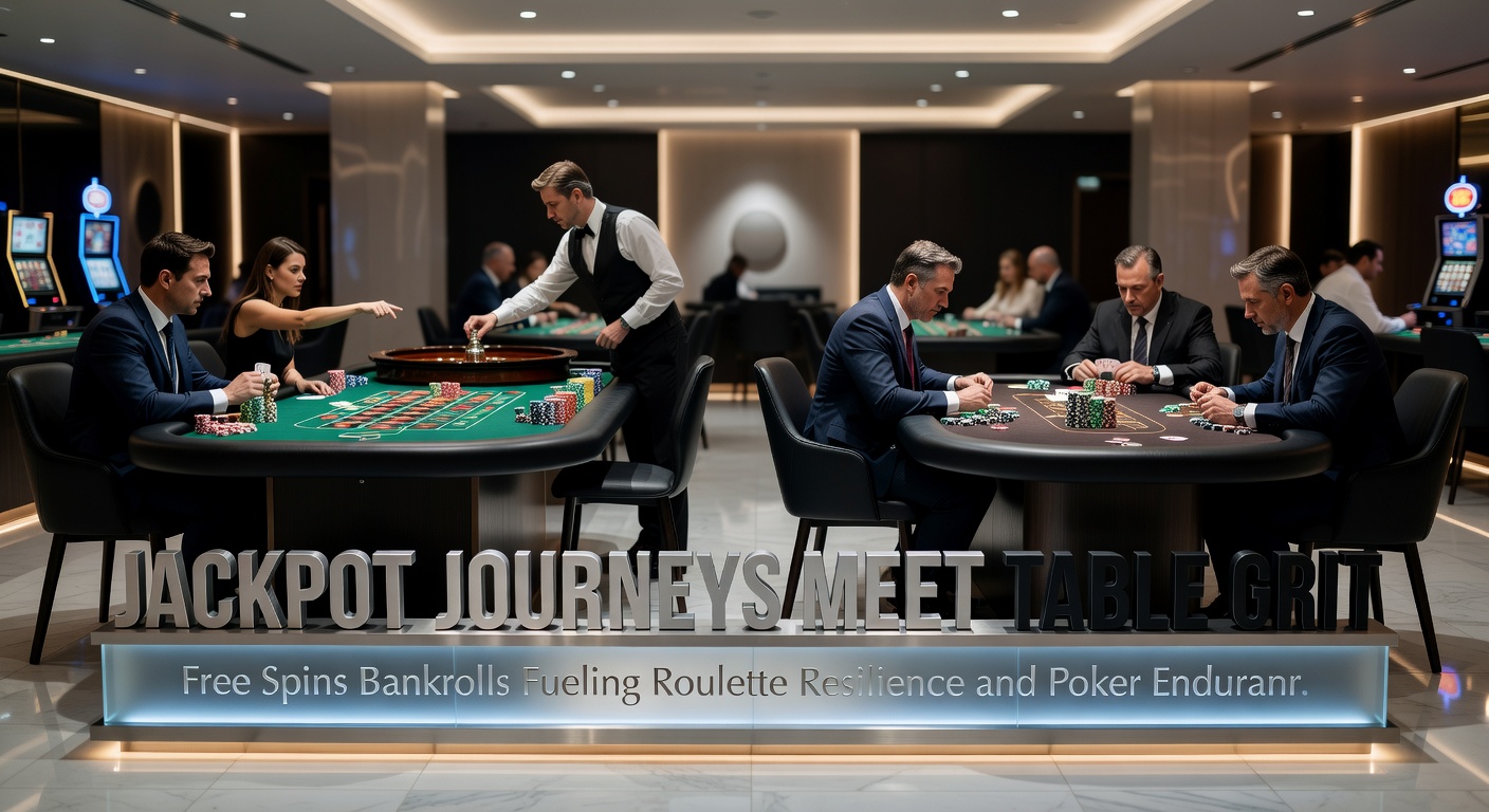 Dynamic poker table with players deep in a hand, surrounded by slot jackpot icons and endurance-themed chip stacks under casino lights