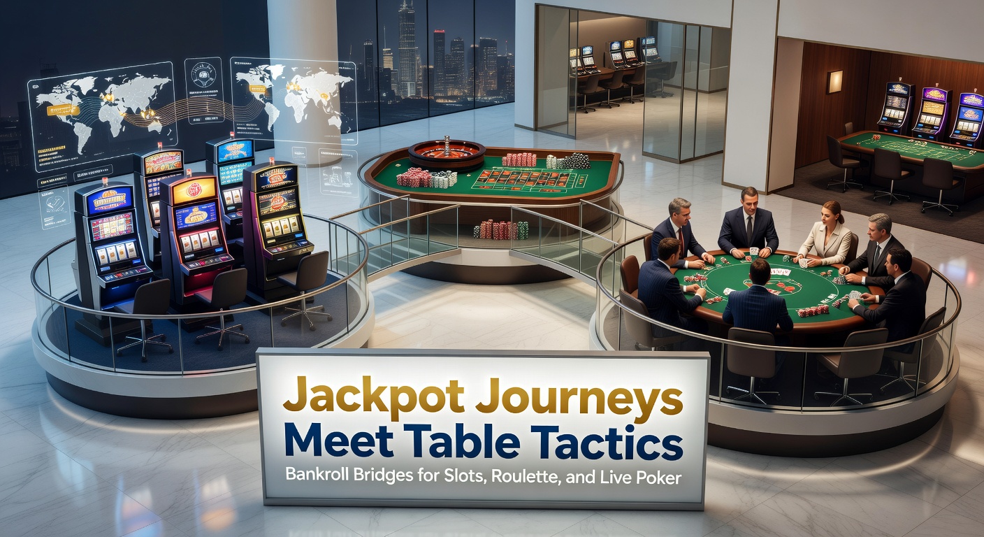Vibrant casino floor showing slot machines transitioning to roulette and poker tables, illustrating bankroll flow between games