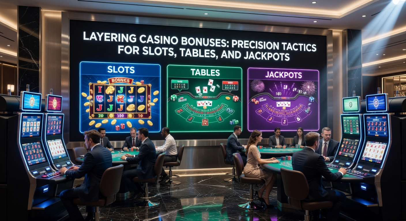 Close-up of a player's screen displaying stacked bonuses on a slot machine transitioning to a blackjack table with jackpot meter in background