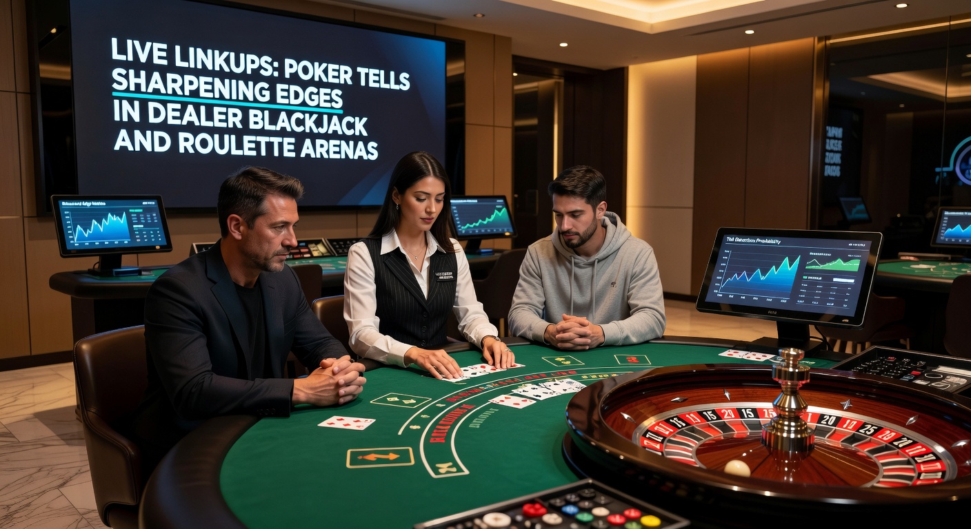 Close-up of a live dealer shuffling cards at a blackjack table with players observing intently, highlighting subtle tells in a casino setting