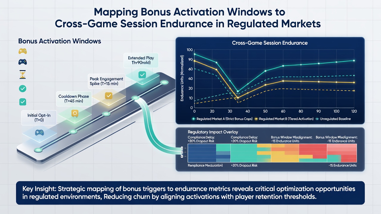 Diagram illustrating how bonus windows connect slot play to table game endurance across regulated session timelines