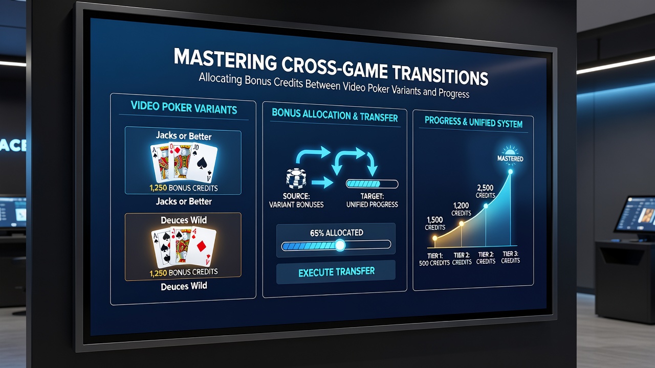 Player interface screen displaying bonus credit allocation options between video poker and progressive slot games