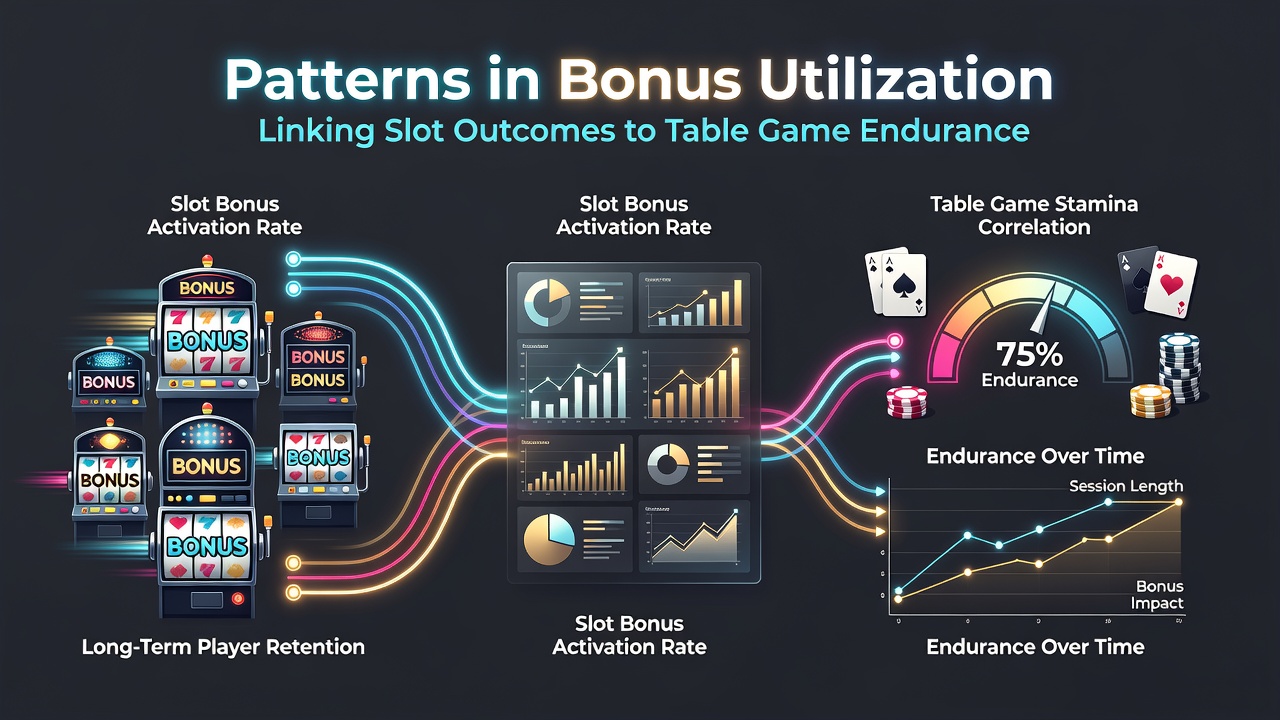 Diagram showing slot bonus triggers flowing into extended table game play sessions with bankroll flow indicators