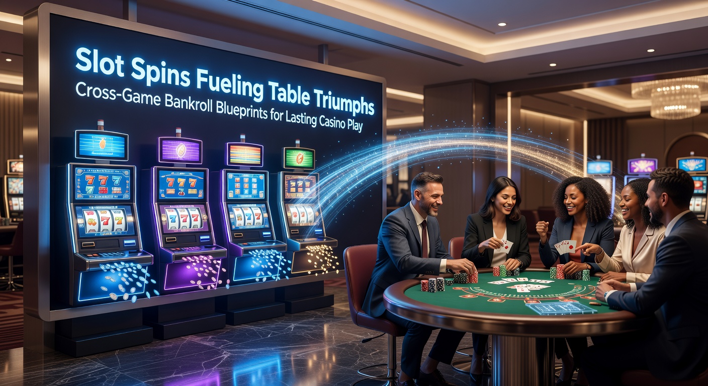 Player celebrating a slot jackpot before moving to a lively blackjack table, illustrating seamless bankroll transition in a bustling casino floor