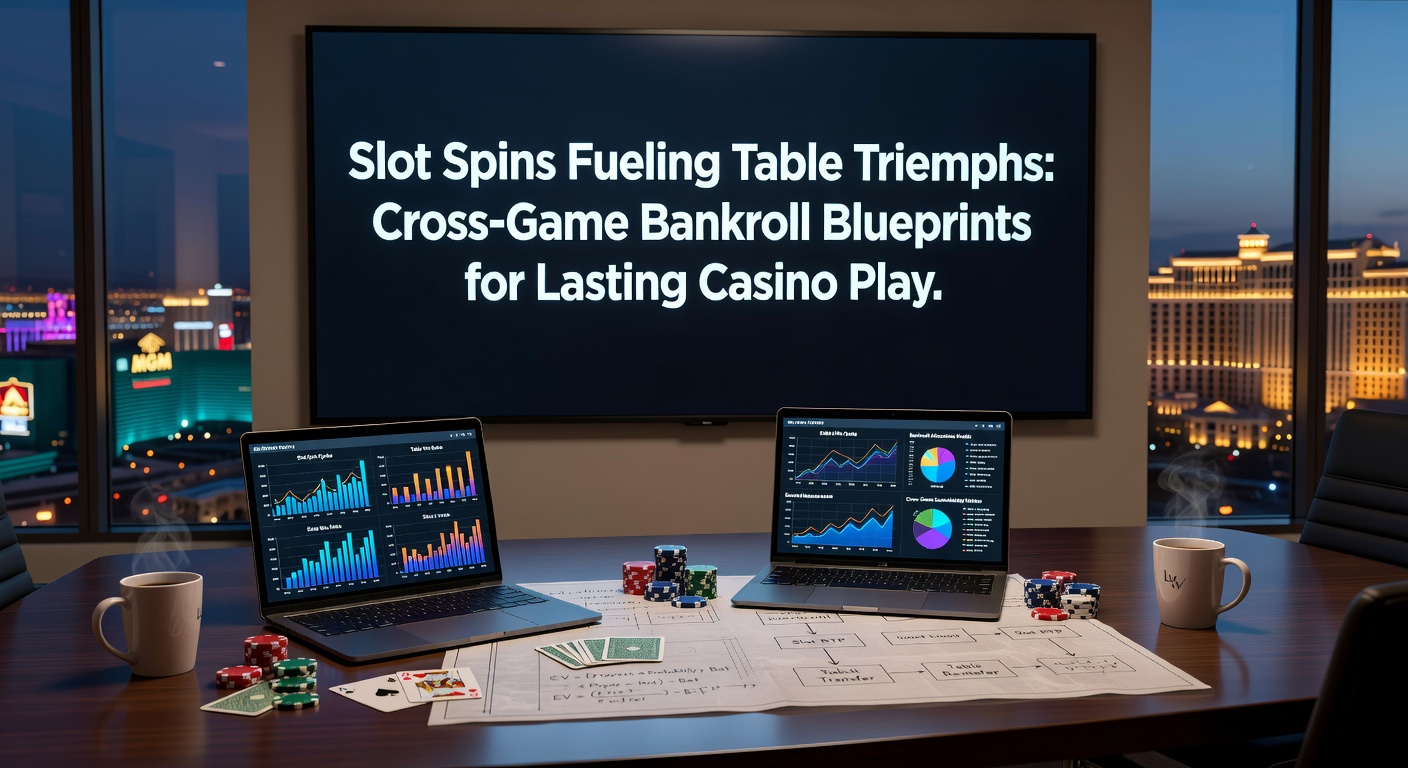 Infographic-style breakdown of bankroll allocation pie chart showing slots feeding into roulette, blackjack, and poker stacks on a casino table