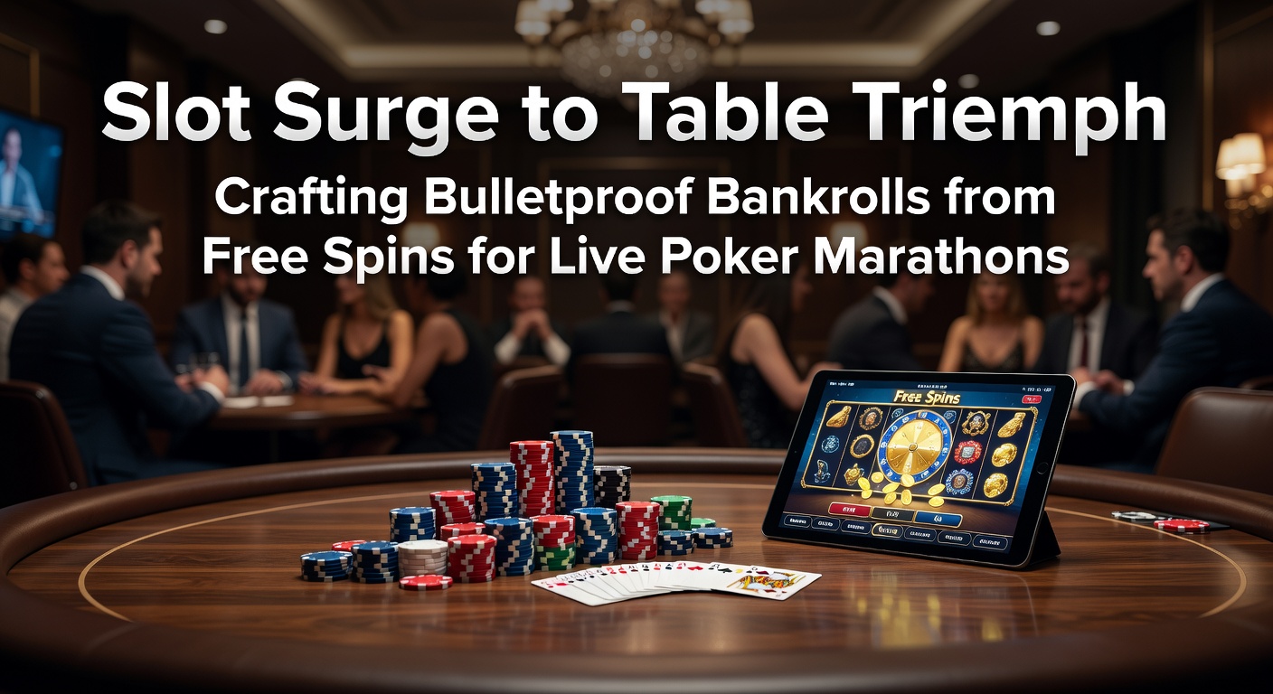 Vibrant slot machine reels spinning with free spin bonuses transitioning to a lively poker table scene