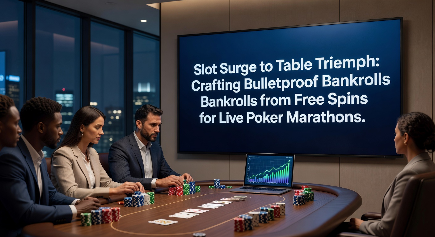 Poker players deep in a marathon session at a felt table, chips stacked high from slot-funded bankrolls