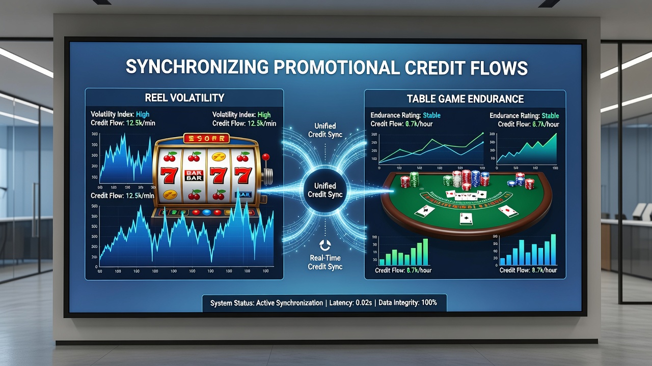 Digital dashboard displaying real-time promotional credit balances moving between slot and table game categories