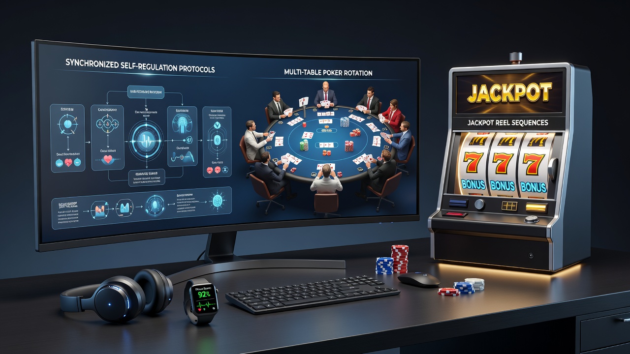Poker tables and slot machines side by side illustrating synchronized player controls