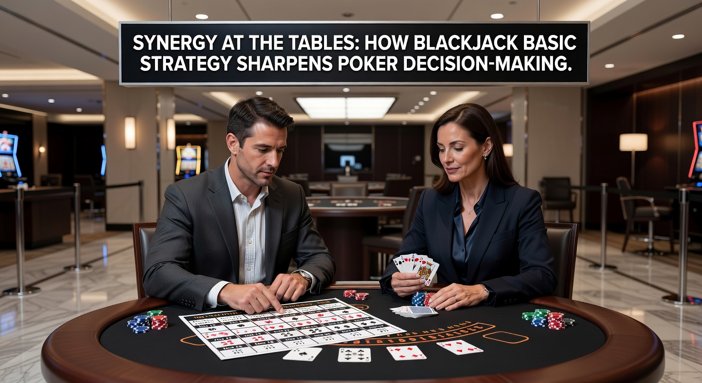 A blackjack table with strategy charts next to poker chips, illustrating decision-making overlap