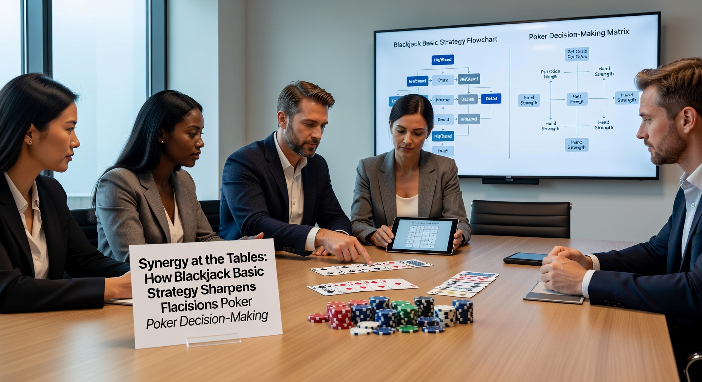 Poker players analyzing hands with a blackjack strategy chart overlaid, showing analytical synergy